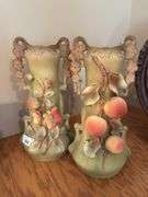 Pair of Majolica-Style Vases with Floral and Peach Decorations