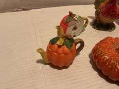 Ceramic Fall Harvest Decor Lot - Teapots, Pumpkins, Turkey, and Apple Bowl