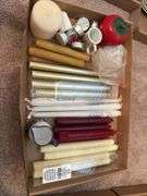 Box Lot: Candles, Strawberry Jar, and Small Pitcher