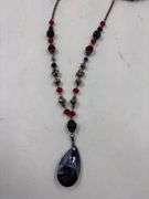 Red and Black Beaded Necklace with Teardrop Pendant and Matching Bracelet