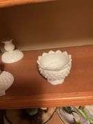 Collection of Milk Glass Vases, Bowls, Booties, Mugs and Candlestick Holders