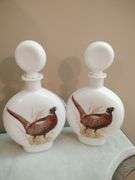 Pair of Milk Glass Decanters with Pheasant Design