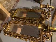 Pair of Ornate Gold Tone Wall Sconce Mirrors