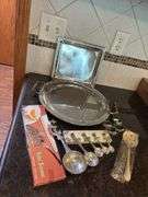 Assorted Silver Plated Serving Pieces: Trays, Spoons, Cake Server and Napkin Rings