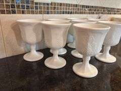 Set of 9 White Milk Glass Goblets with Grape Vine Pattern