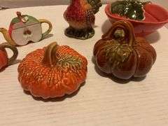 Ceramic Fall Harvest Decor Lot - Teapots, Pumpkins, Turkey, and Apple Bowl