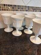 Set of 8 White Milk Glass Goblets with Grape Design
