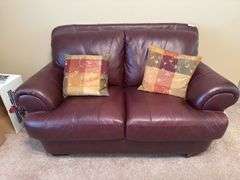 Burgundy Leather Loveseat with Throw Pillows