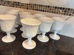 Set of 9 White Milk Glass Goblets with Grape Vine Pattern