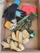 Box Lot with Three Umbrellas, Pair of Patterned Slip-On Shoes Size 6, Work Gloves, AAA Atlas