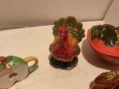 Ceramic Fall Harvest Decor Lot - Teapots, Pumpkins, Turkey, and Apple Bowl