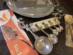 Assorted Silver Plated Serving Pieces: Trays, Spoons, Cake Server and Napkin Rings