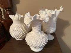 Fenton White Milk Glass Hobnail Vases and Pitcher - Set of 3