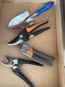 Box Lot of Gardening Tools: Variety of Hand Tools, Pruners, Shears, and More