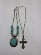 Lot of 2 Fashion Necklaces: Turquoise Oval & Cross Pendant