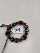Red and Black Beaded Necklace with Teardrop Pendant and Matching Bracelet