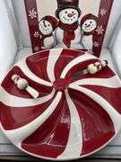 Holiday Serving Set: Snowman Tray, Peppermint Dish with Spreader Knives