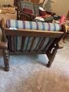 Ornate Solid Wood Armchair with Striped Upholstery