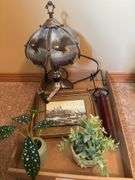 Assorted Decoratives: Eagle Lamp, Framed Print, and Artificial Plants