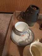 Box Lot of Decorative Items: Teacups, Dishes, Figurines, and More