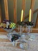 Assorted Glassware Collection - Candlesticks, Bowl, Shot Glass, Figurine and Paperweight