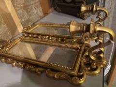 Pair of Ornate Gold Tone Wall Sconce Mirrors