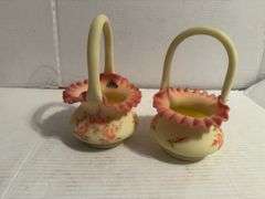 Fenton Style Hand Painted Rose Decorated Vases and Baskets (5 pieces)