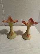 Fenton Style Hand Painted Rose Decorated Vases and Baskets (5 pieces)