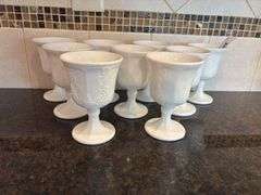 Set of 9 White Milk Glass Goblets with Grape Vine Pattern