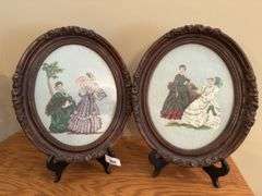 Pair of Oval Framed Needlepoint Pictures - Victorian Ladies