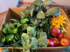 Box Lot of Assorted Artificial Flowers, Fruits and Greenery