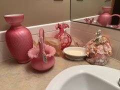 Collection of Pink Art Glass, Figurine, and Soap Dish