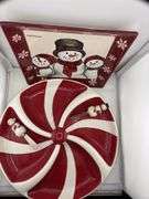 Holiday Serving Set: Snowman Tray, Peppermint Dish with Spreader Knives