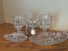 Pressed Glass Collection: Centerpiece, Candlestick, Salt & Pepper Shakers, and Dishes