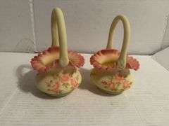 Fenton Style Hand Painted Rose Decorated Vases and Baskets (5 pieces)