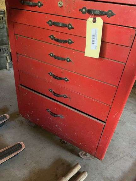 Red Mechanic's Tool Chest with Assorted Tools and Hardware image