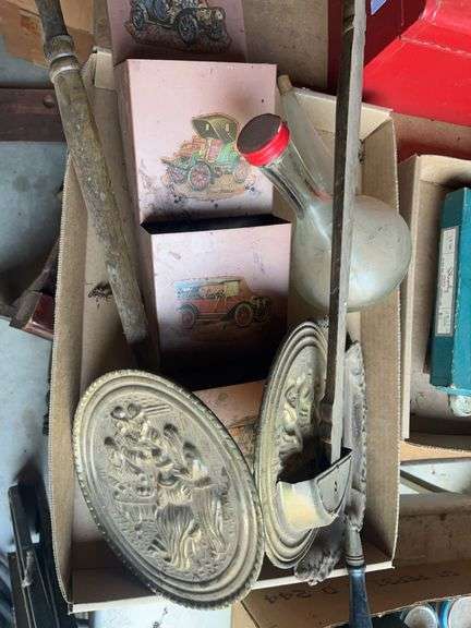 Mixed Lot: Metal Mailbox, Embossed Metal Hanging Fireplace Holders, and Wine Decanter image