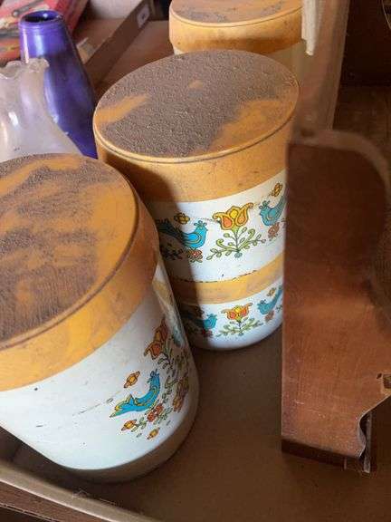 Mixed Lot: Wooden Wall Shelf and Decorated Kitchen Canisters image