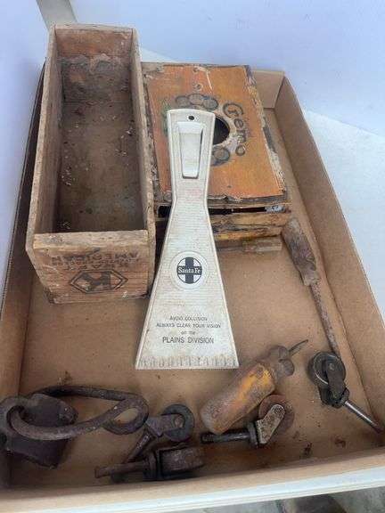 Mixed Lot of Advertising Collectibles including Santa Fe Wiper, Kraft Crate, and Remo Box image