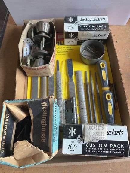 Mixed Lot: Kwikset Locksets, Colortone Bulb, and Central Forge File Set image