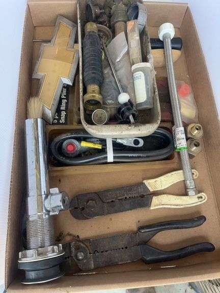 Box of Mixed Parts and Tools Including Plumbing, Electrical, and Automotive Items image