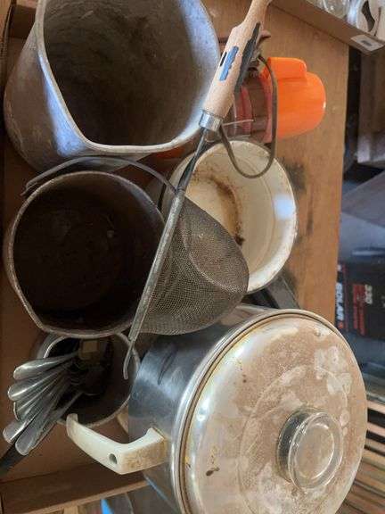 Mixed Lot of Kitchenware: Pots, Strainers, and Utensils image