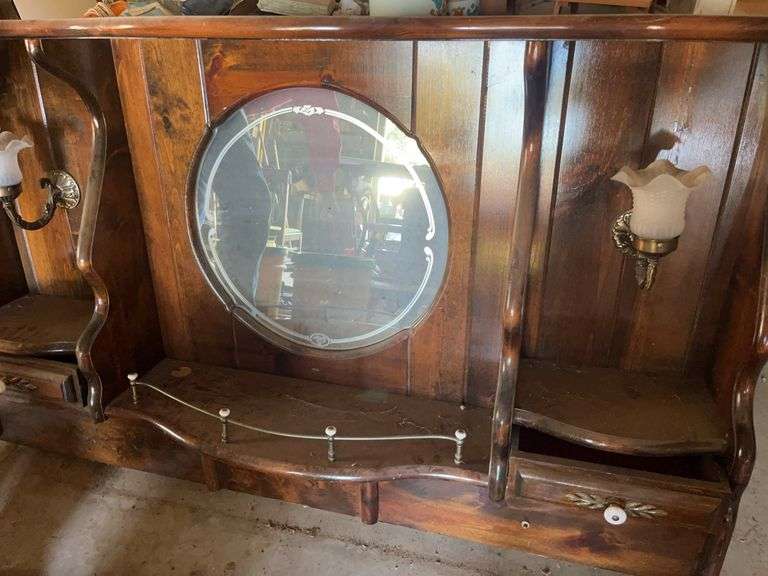 Wood Headboard with Mirror and Sconces 66 inches wide; Wooden Shelves for Bed image