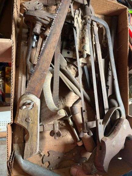 Box of Assorted Hand Saws and Other Tools image