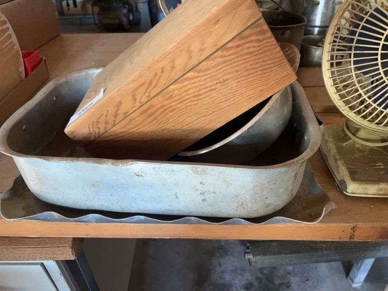 Mixed Lot: Aluminum Pans, Wood Box with Contents, and Fan image