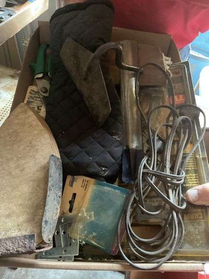 Box Lot of Various Items Including Irons, Gardening Shears, and Tools image