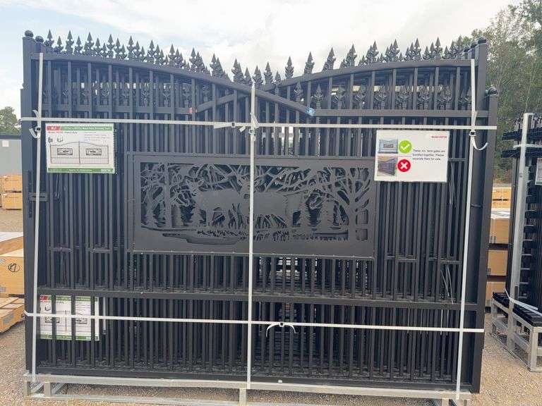 KJ K0720 7'x20' Metal Farm Driveway Gate - Deer Motif, Galvanized & Powder Coated image