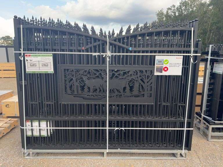 KJ K0720 7'x20' Metal Farm Driveway Gate - Deer Motif, Galvanized & Powder Coated image