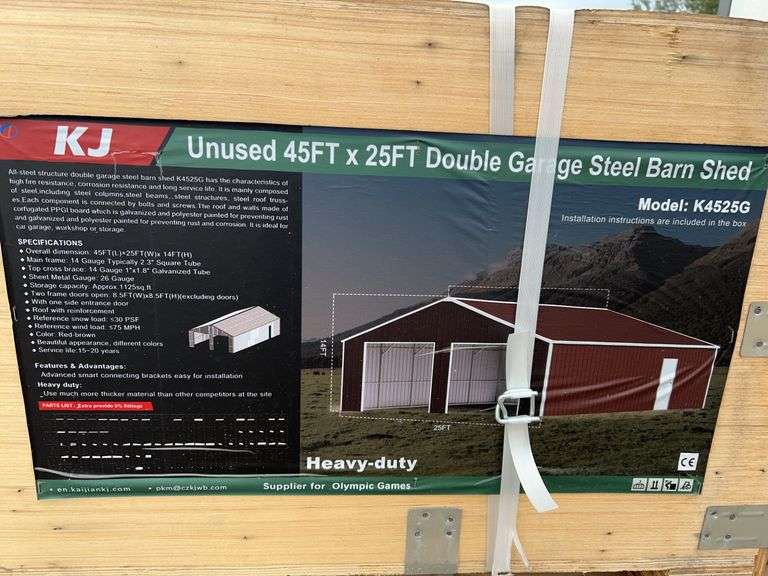 KJ K4525G 45'x25' Double Garage Steel Barn - 1125 sq.ft., 14' Height, Red-Brown image
