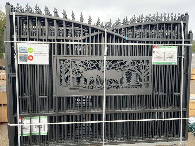 KJ K0720 7'x20' Metal Farm Driveway Gate - Deer Motif, Galvanized & Powder Coated image
